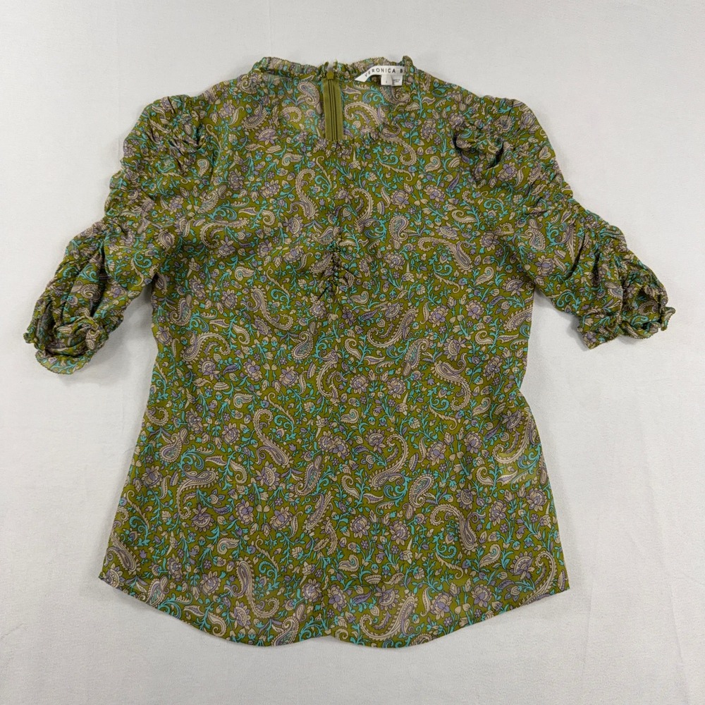 Veronica Beard Silk Paisley Blouse Ruched Sleeve Green Floral Top Womens 4